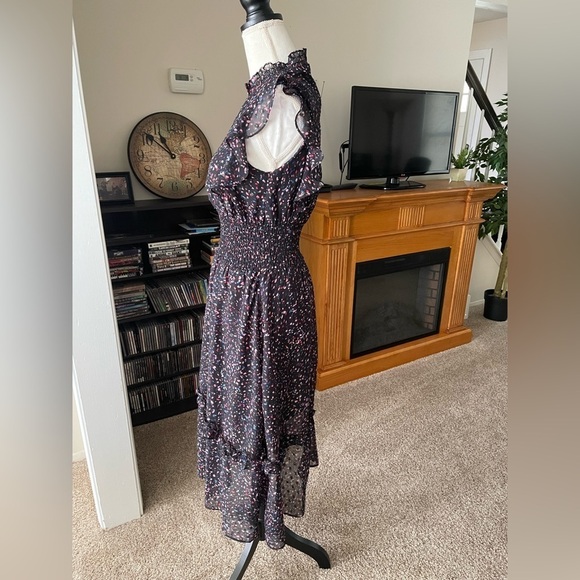 AQUA Flutter Sleeve Midi Sheer Fabric Dress Smocked Waist Confetti Print Size XS - Picture 10 of 13